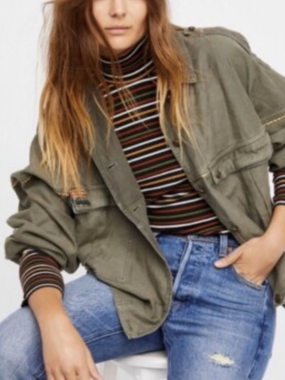 FREE PEOPLE Slouchy Military Jacket in MOSS Gold Trim - Oversized MED $148